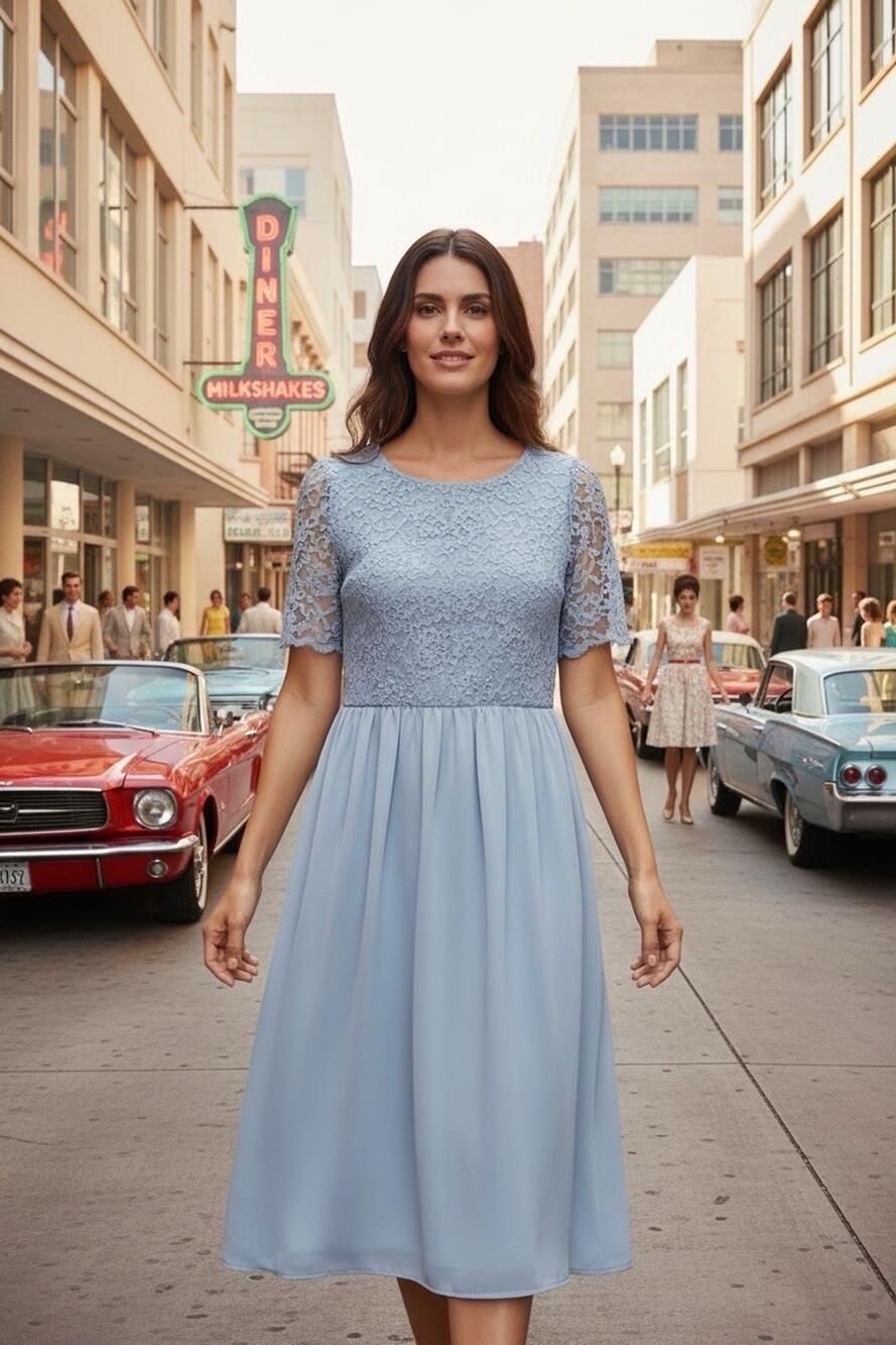 Vintage Miss Elliette Midi Dress Icy Blue chiffon/Lace 1960’s Short Sleeve
